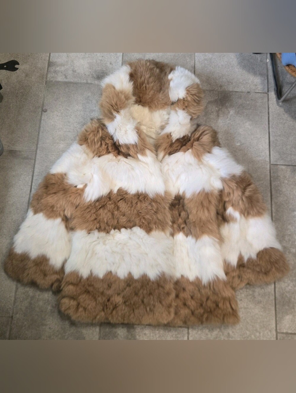 Vintage Real Rabbit Fur Patchwork Hooded Jacket – Brown White Stripe 80s Boho